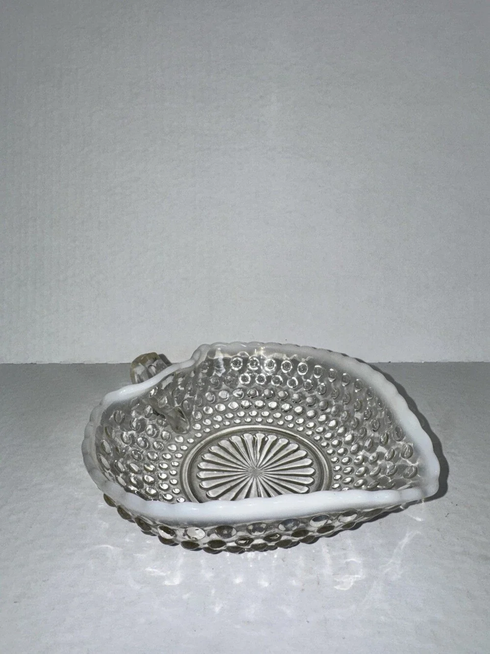 Vintage Hobnail Heart Glass Dish White Crest Rim Fenton Style 7” Bowl